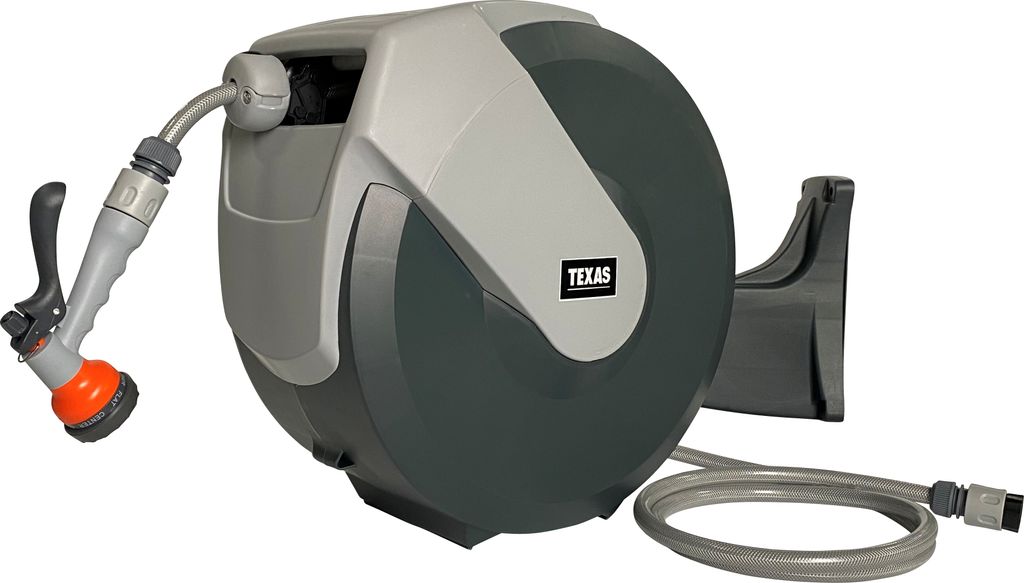 TEXAS Automatik Schlauchtrommel LUX 30m (30 Meter Schlauch 1/2", Handbrause mit 7 Sprühfunktionen, 2 Schnellverschlusskupplungen, 2 Meter Zulauf)