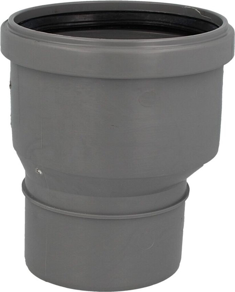 A gray plastic pipe adapter with a black rubber seal at the top, shown against a white background.