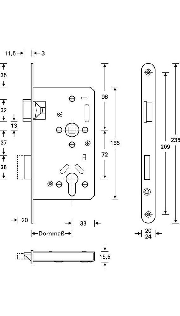 Panik-Einsteckschloss Ser.20 APE Fkt.E rd 20/55/72/9mm DIN re.VA SSF