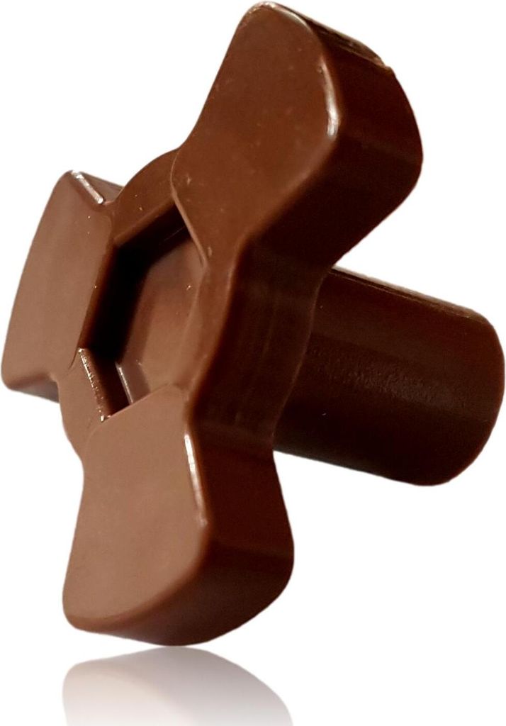 A close-up studio shot of a brown plastic microwave turntable spindle.