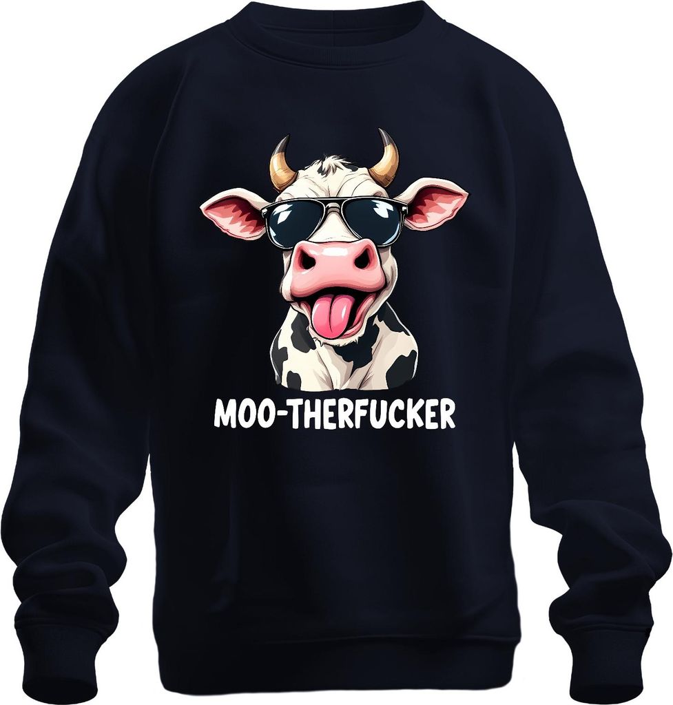 MOO-THERFUCKER lustige Kuh Sonnenbrille Cartoon Bauer Geschenk Uni Sweatshirt Pullover, Navy, XL