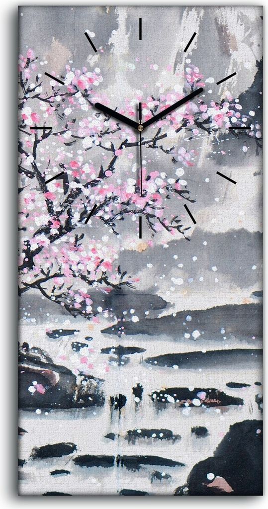 Wanduhr Leinwand Bild Uhr 30x60 Chinesisch Landschaft Kirsch Berg Baum - schwarze Hände