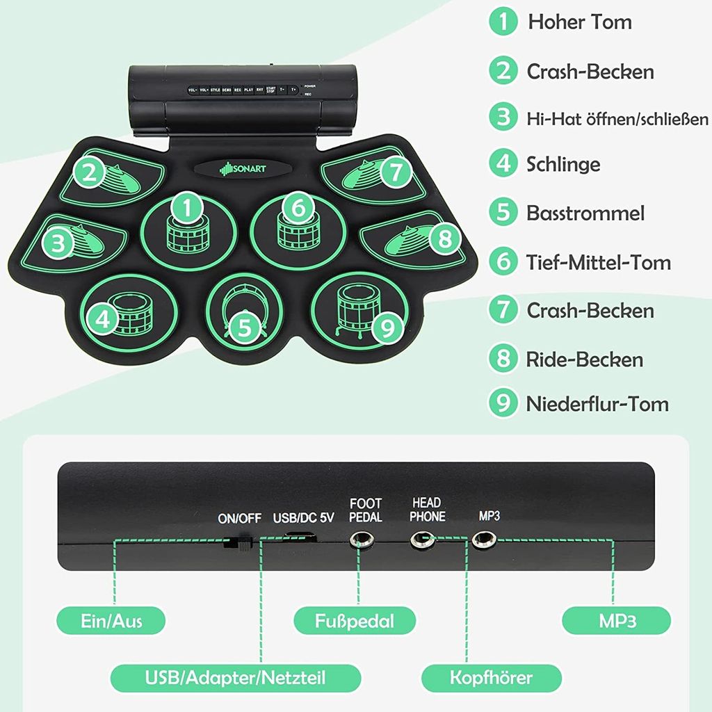 GOPLUS Elektronisches Schlagzeug mit 9 Pads, Sticks & Produktbild 4