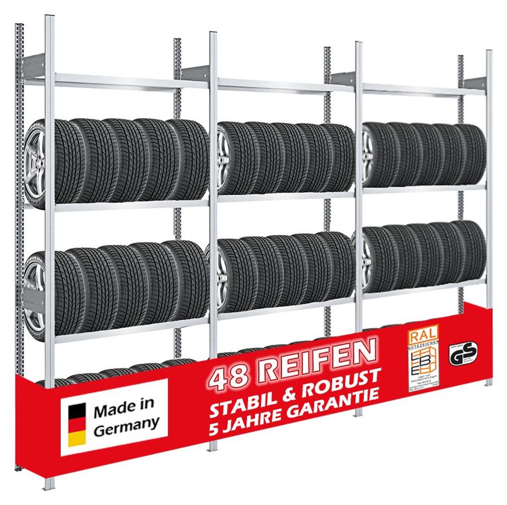 Reifenregal TIRE PRO Germany | Komplettregal | HxBxT 250x300x43cm | 150kg Fachlast | bis zu 48 Reifen auf 4 Ebenen | Verzinkt