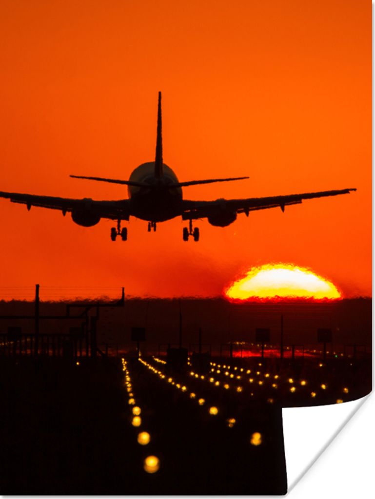 MuchoWow Poster Sonnenuntergang - Flugzeug - Orange - Sonne 90x120 cm - Wohnzimmer