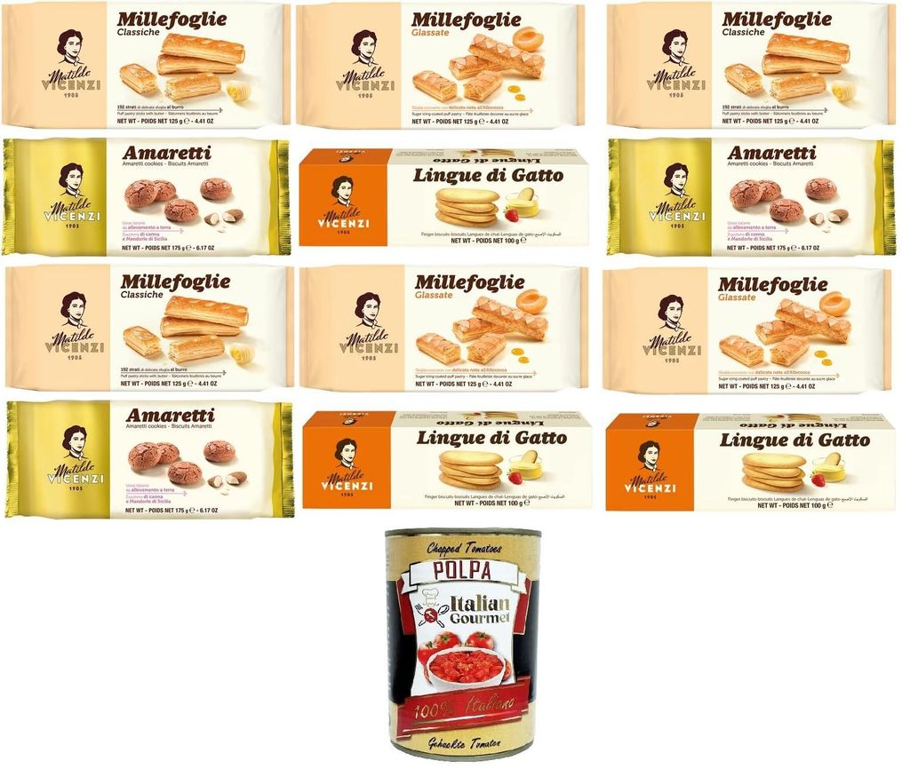 Matilde Vicenzi Testpaket Kekse Millefoglie Classiche, Milefoglie Glassate,Lingue di Gatto, Amaretti 3x175gr 6x125gr 3x 100gr +Italian Gourmet Polp...