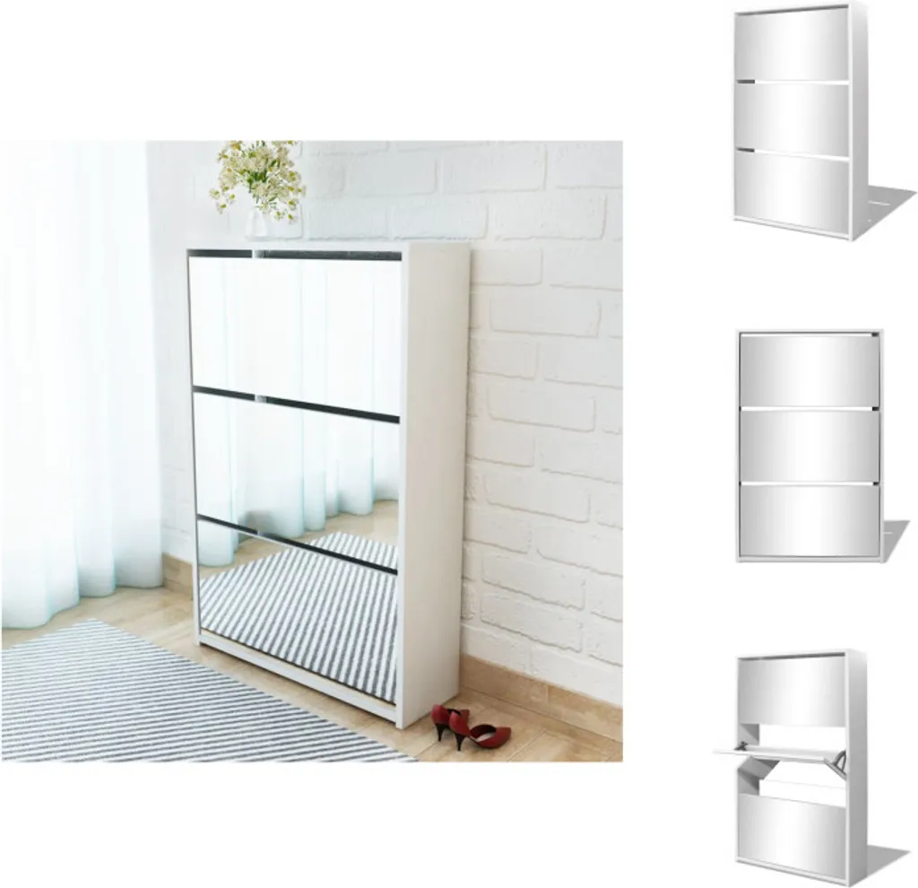 Meuble à chaussures avec miroir design blanc - Rangement fin 3 abattants