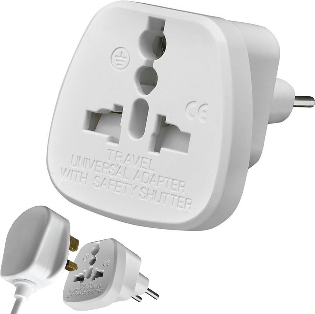 A white universal travel adapter with multiple plug types and two smaller adapters shown separately.