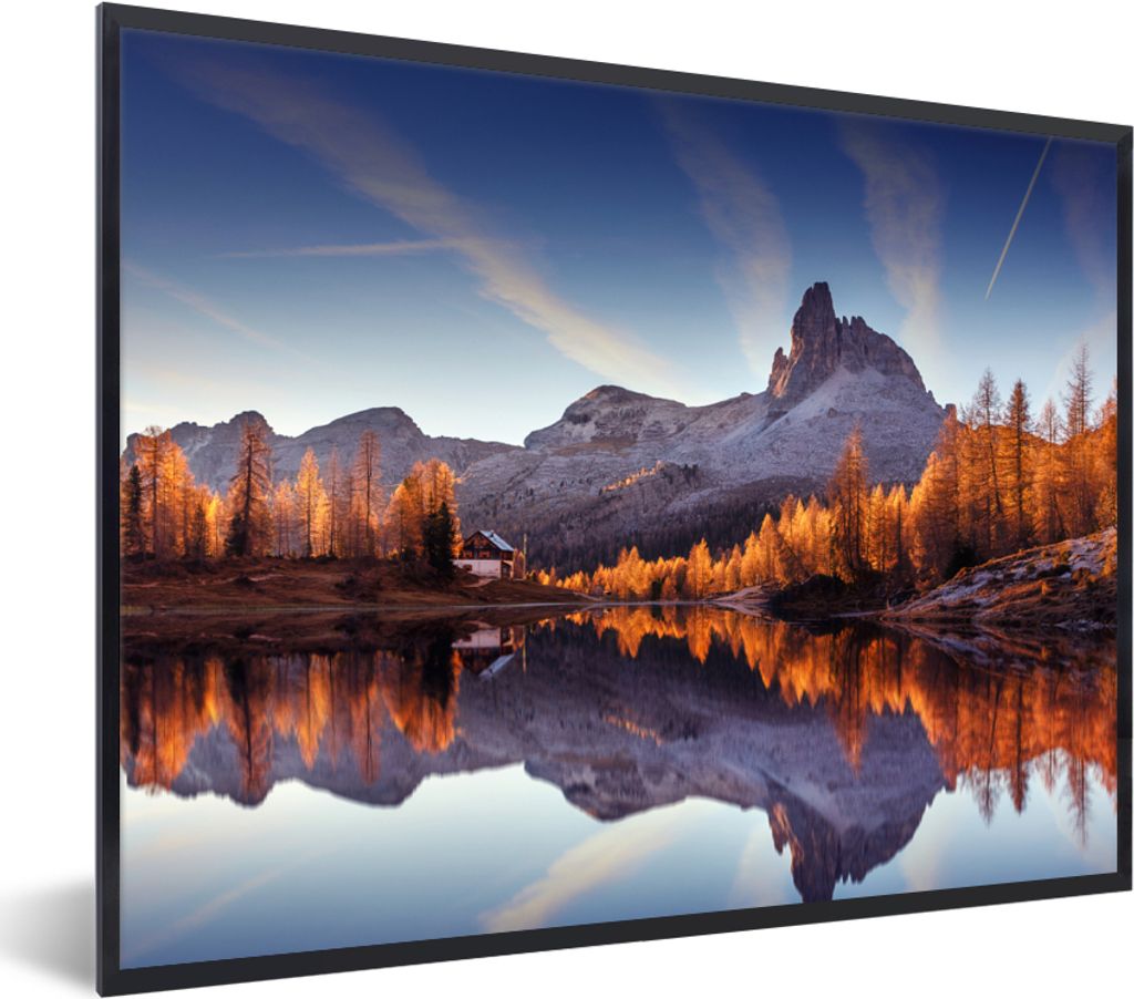 MuchoWow Gerahmtes Poster Berge - Bäume - Herbst - See - Natur 40x30 cm - Poster mit Schwarzem Bilderrahmen Wandposter Rahmen Foto Bilder - Kuns...