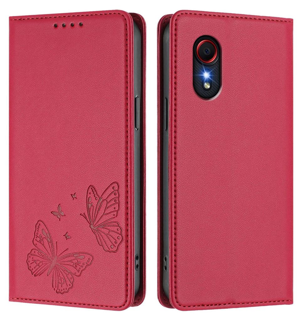 Lederhülle für Samsung Galaxy Xcover5, Schmetterling Prägung Leder Brieftasche Schutzhülle mit Ständer Rot