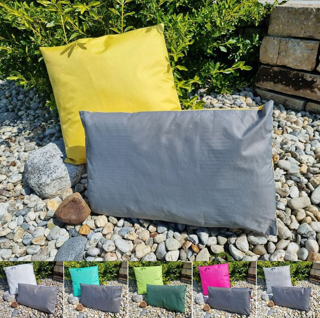 JACK 2er Set 2-farbiges Wende Outdoor Lounge Kissen 45x45cm + 30x50cm Dekokissen Inkl. Füllung Wasserfest Garten Lotus Effekt, Farbe:Grau - Gelb