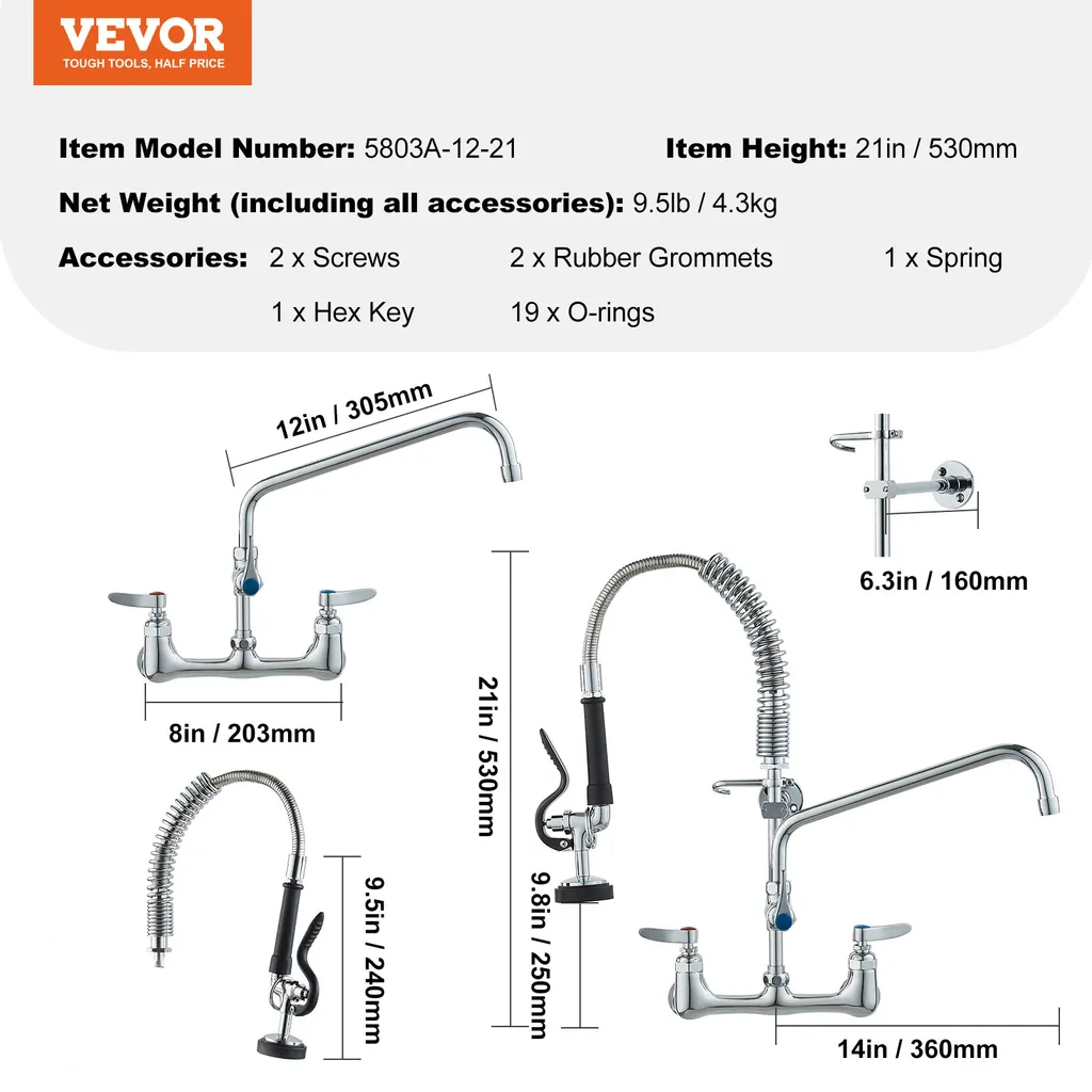VEVOR Rubinetto commerciale con doccetta pre-lavello, rubinetto da cucina alto 53 cm, bocca girevole da 30,5 cm, rubinetto per lavello da cucina per montaggio a parete, apparecchio in ottone con doccetta estraibile, per lavello a 1/2/3 scomparti - 7