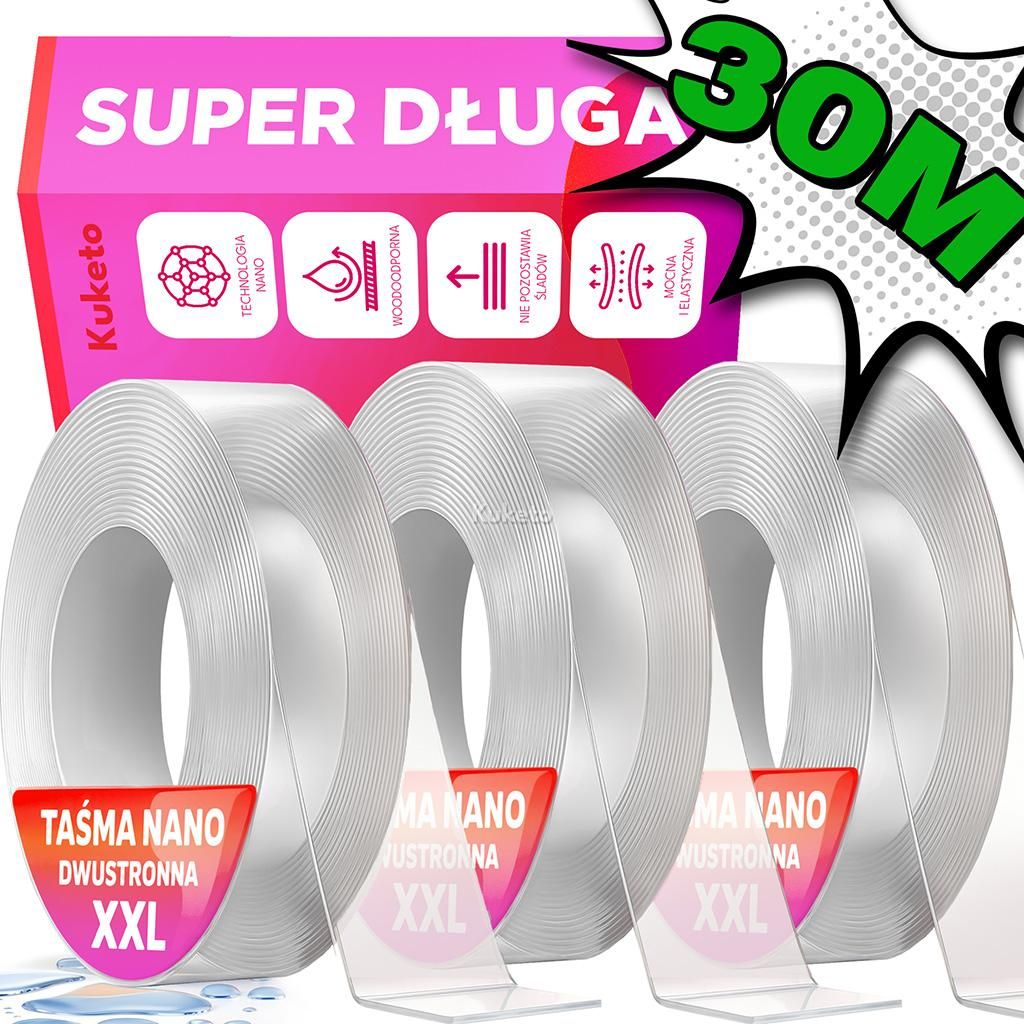 Kuketo | 3er-Set Nano-Gel-Klebeband 10 m – Doppelseitiges, Wiederverwendbares Montageband – Transparent, Stark & Wasserfest Für Haushalt, Bür...