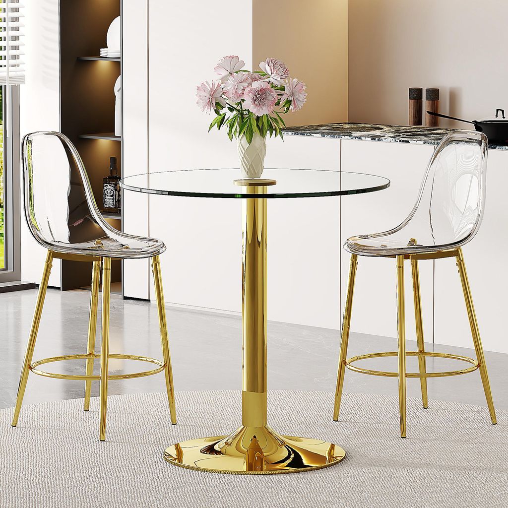 Modernes 3-Teiliges Bar-Set: Ø 89cm Glastisch & 2 Transparente Barhocker | 92cm Stehtisch mit 66cm Sitzhöhe | Platzsparendes Design für Küche &...