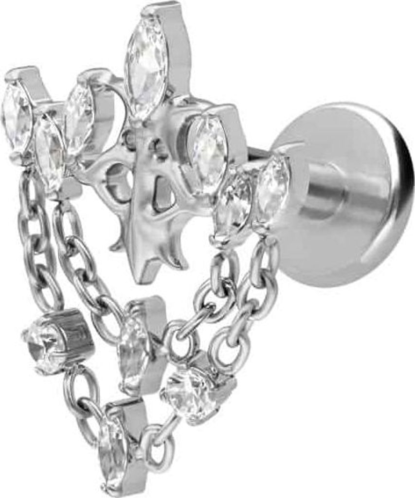 Ohrpiercing, Nasenpiercing Titan Labret mit Innengewinde GOTISCHE KRONE + KETTEN Silber Stablänge: 6mm | Stabstärke: 1,2mm