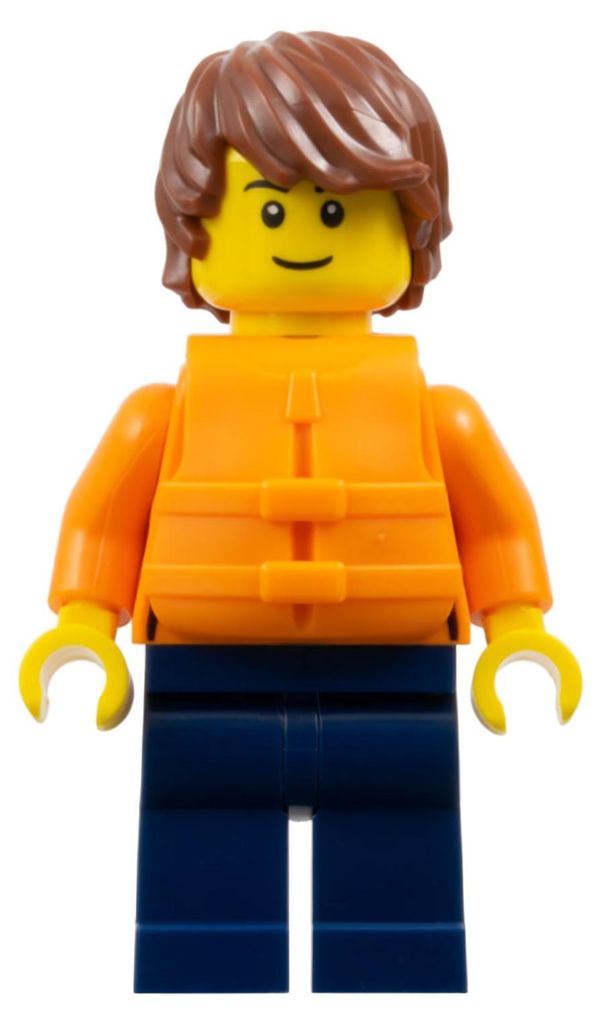 Minifigurine LEGO - Cheveux brun rougeâtre, veste orange et Image du produit 