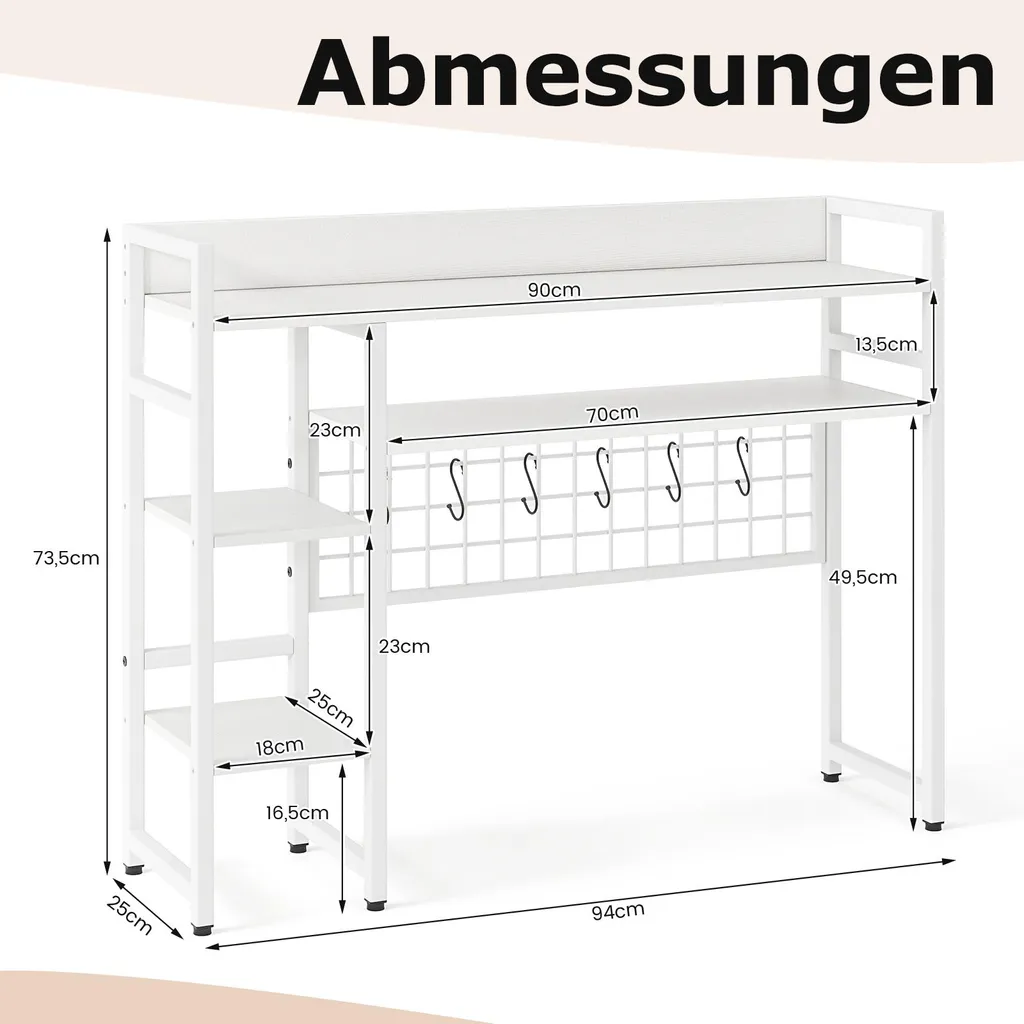 Étagère de bureau stable avec crochets et 4 compartiments rangement blanc - 3