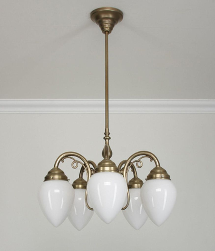 Hängeleuchte Echt-Messing Glas H: max. 92 cm in Berliner Messing Opal Weiß E27 Jugendstil Hängelampe