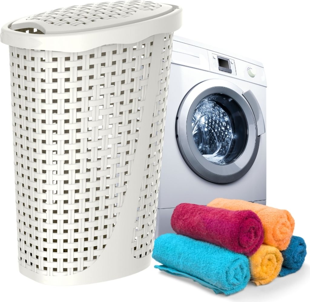 Wäschekorb Wäschesammler Wäschekorb mit Deckel plastik Wäschetonne Wäschetruhe weiß Wäschebox mit Deckel 31 x 40 x 60 cm 43 L Rattan Optik