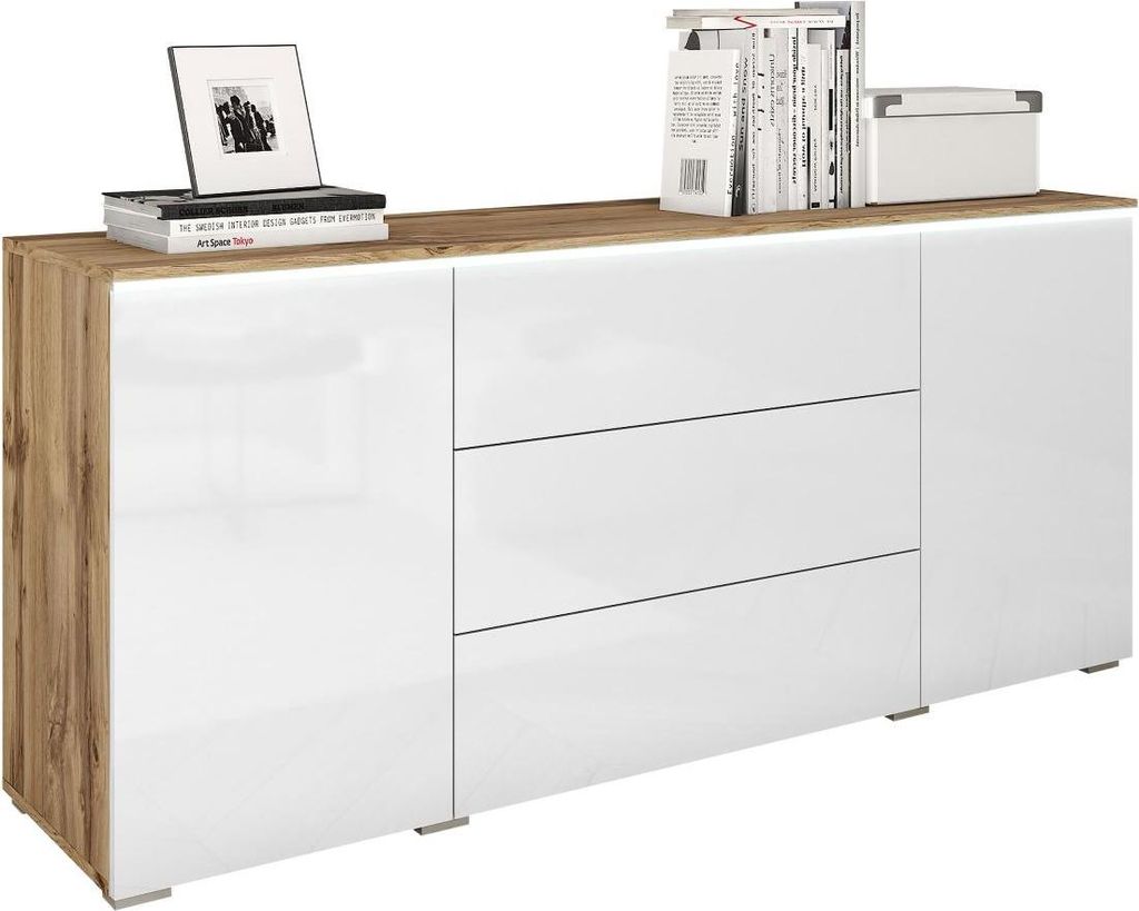 MIRJAN24 Kommode Vera, Griffloses Öffnungssystem, Sideboard, Stilvoll Highboard Schrank (Farbe: Wotan / Weiß Hochglanz, mit weißer LED Beleuchtung)