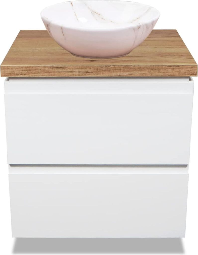 A white vanity cabinet with a wooden countertop and a marble-effect basin on top.