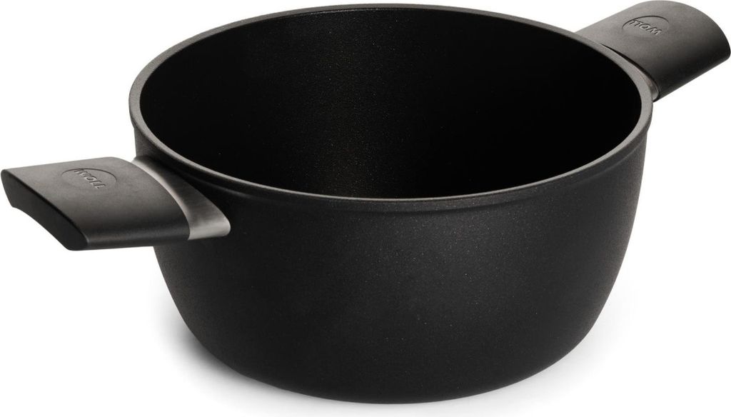 A black pot with two handles is shown against a white background.