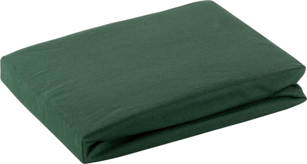 A folded dark green fitted sheet on a white background.