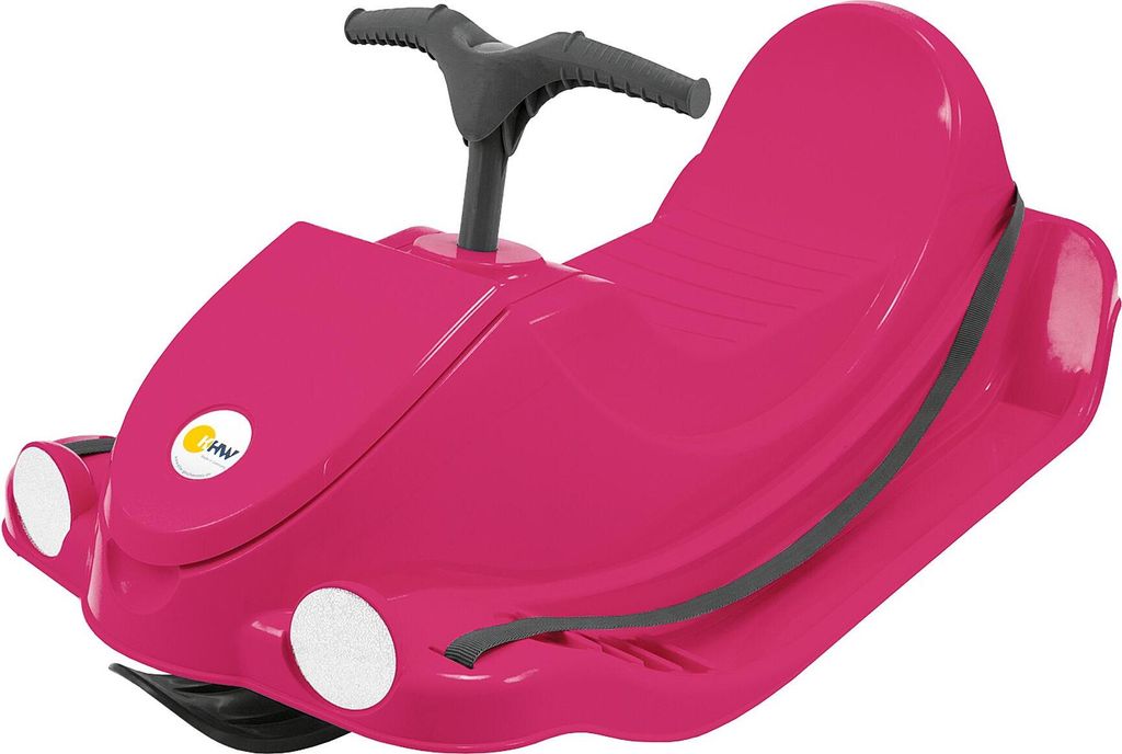 A pink children's sled with handlebars and a seat, isolated on a white background.