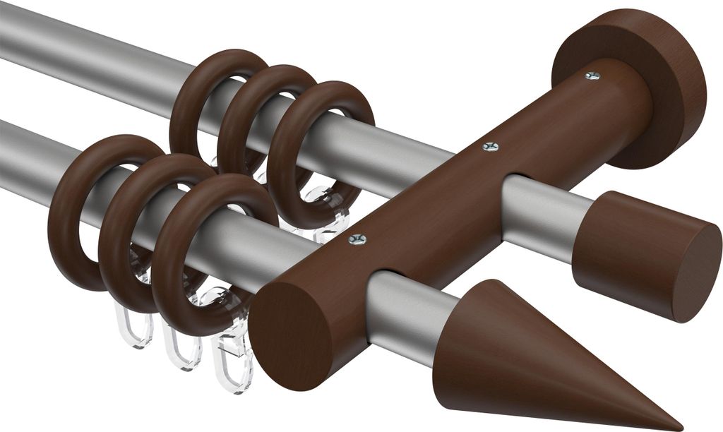 Interdeco Gardinenstange / Vorhangstange Silbergrau / Nussbaum lackiert, Typ Talena Siveo (Kegel), 20 mm Ø 2-läufig, 220 cm