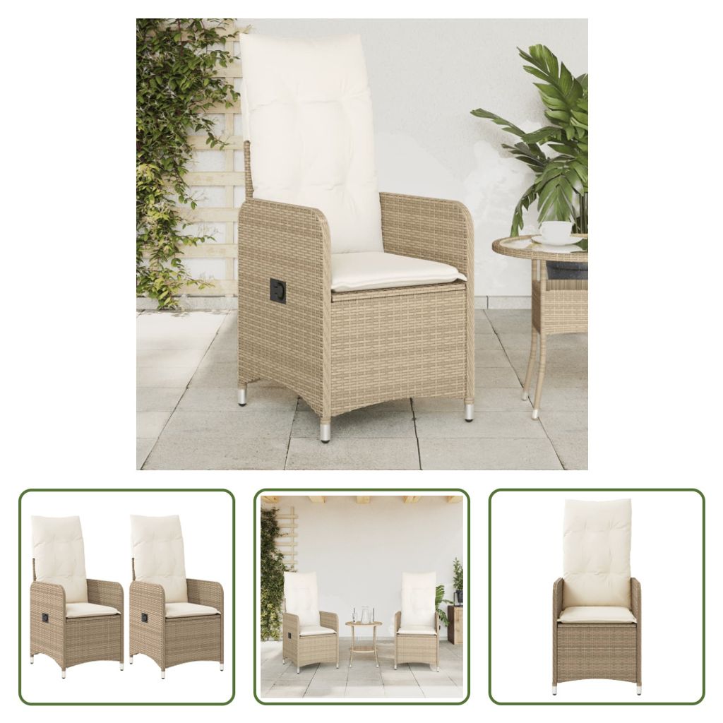 The Living Store Gartensessel mit Kissen 2 Stk. Verstellbar Beige Poly Rattan