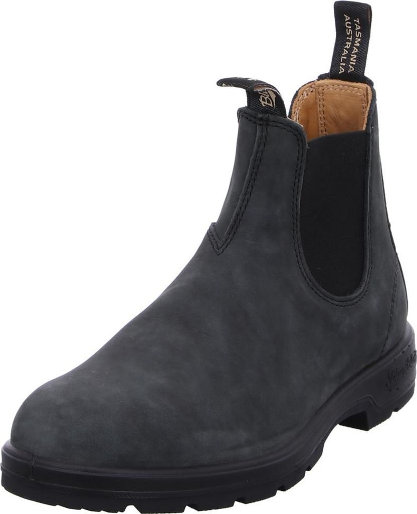 A single black Blundstone boot is shown against a white background.