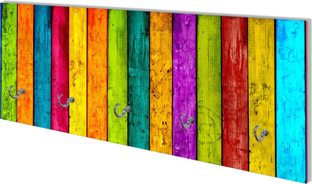Wallario Flurgarderobe Wandgarderobe aus Glas, mit 5 Haken, Größe 80 x 30 cm, Motiv Buntes Holz - bunte Streifen mit Farbe und Holzstruktur