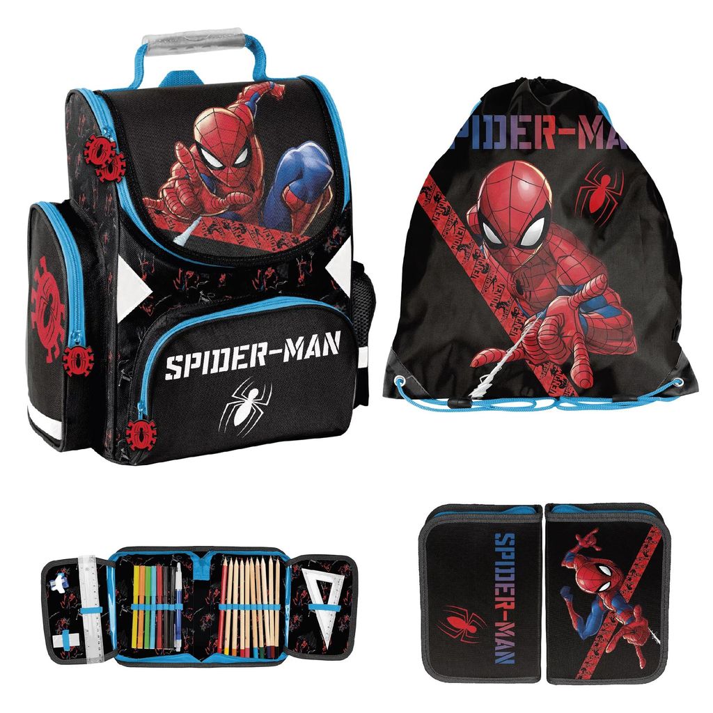 Schulranzen Set 3-teilig Tornister Jungen Spiderman Schwarz Produktbild 