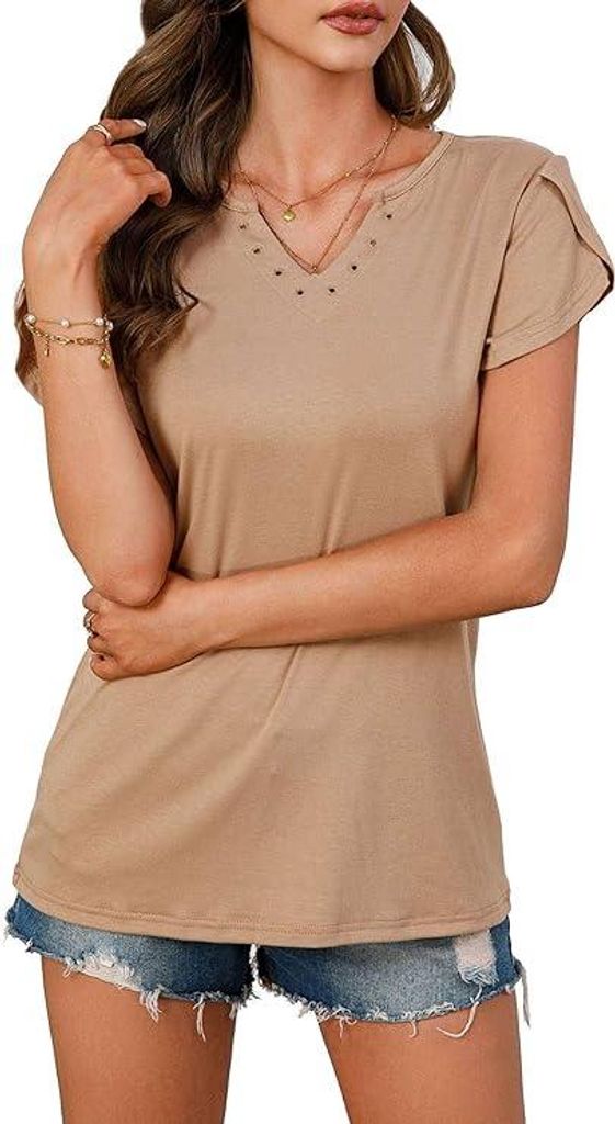 Elegante Frauen atmungsaktiv V-Ausschnitt Kurzarm Bluse Casual Braun M