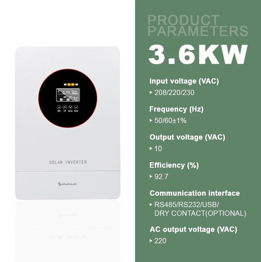 Hybrid Solarwechselrichter - Off-Grid - 3,6 kW - 24 V Batterie - MPPT 60–500 V, 120 A Laderegler - 230 V 50 Hz - Reine Sinuswelle