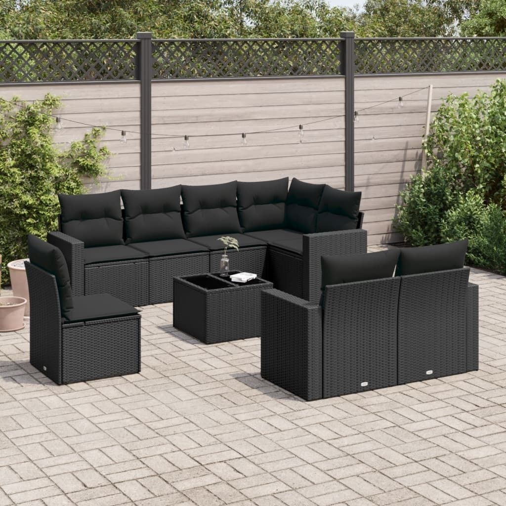 Modernen Stil 9-tlg. Garten-Sofagarnitur mit Kissen Schwarz Poly Rattan DE4244