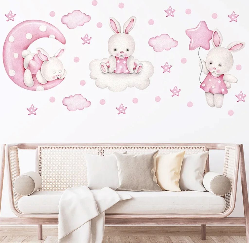 Wandtattoo Kinder Tier WandstickerKaninchen Tanz Ballon, Wolken, Sterne Wandaufkleber für Mädchenzimmer,babyzimmer, wasserdichte und abnehmbare