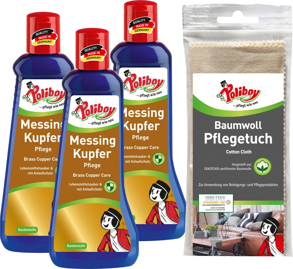 Poliboy Messing Kupfer - 3x200 ml - zur Reinigung und Pflege von Messing und Kupfer - mit Anlaufschutz - mit Baumwolltuch - 99A4801