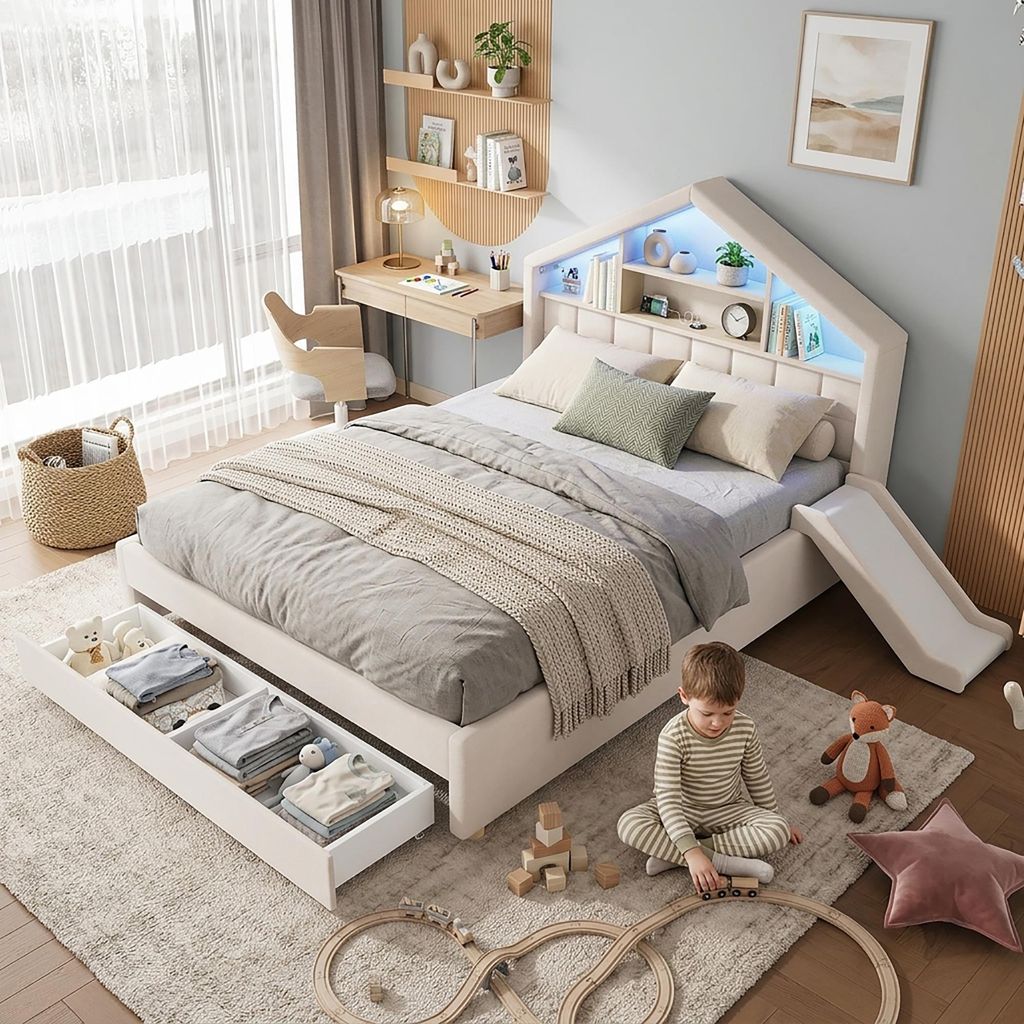 Kinderbed 140x200 cm, beige, gestoffeerd huisbed met Productafbeelding 
