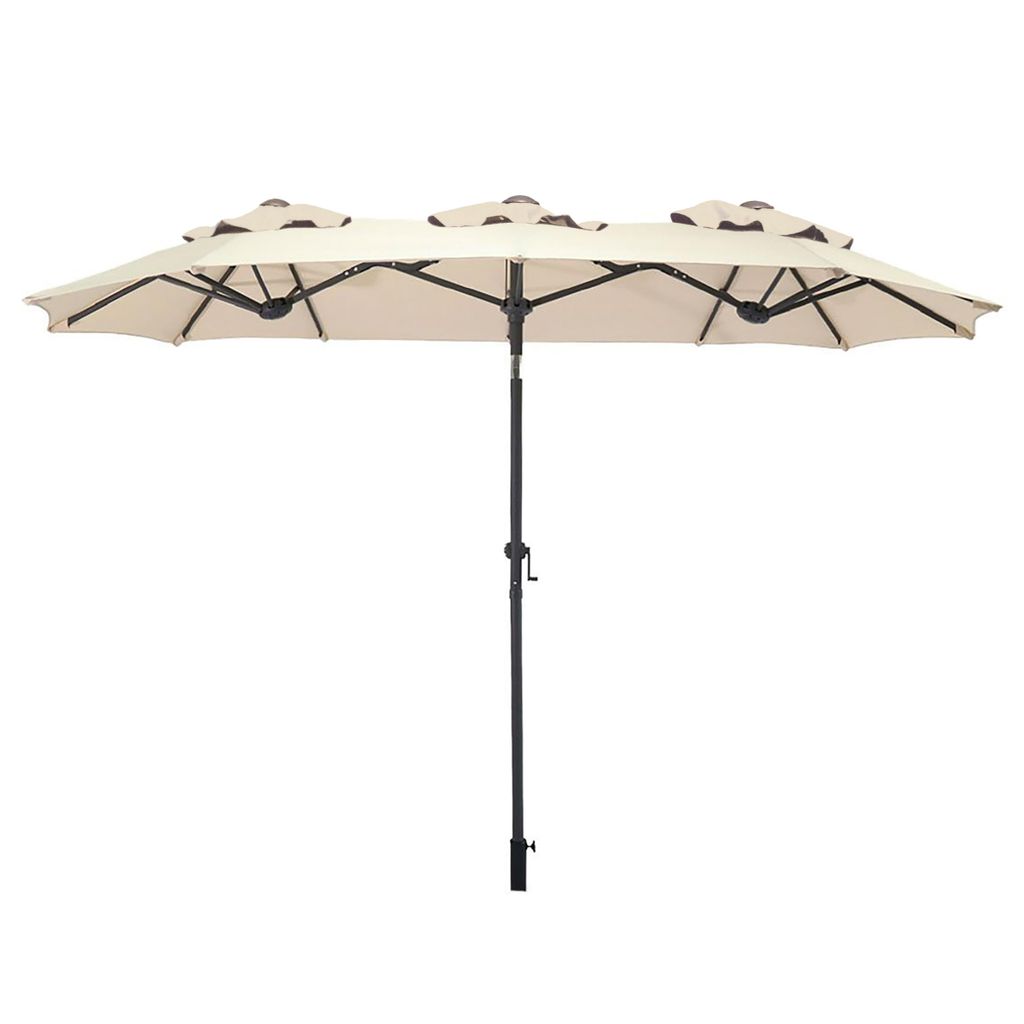 A large, beige, multi-sectioned patio umbrella with a black pole and frame, shown against a white background.