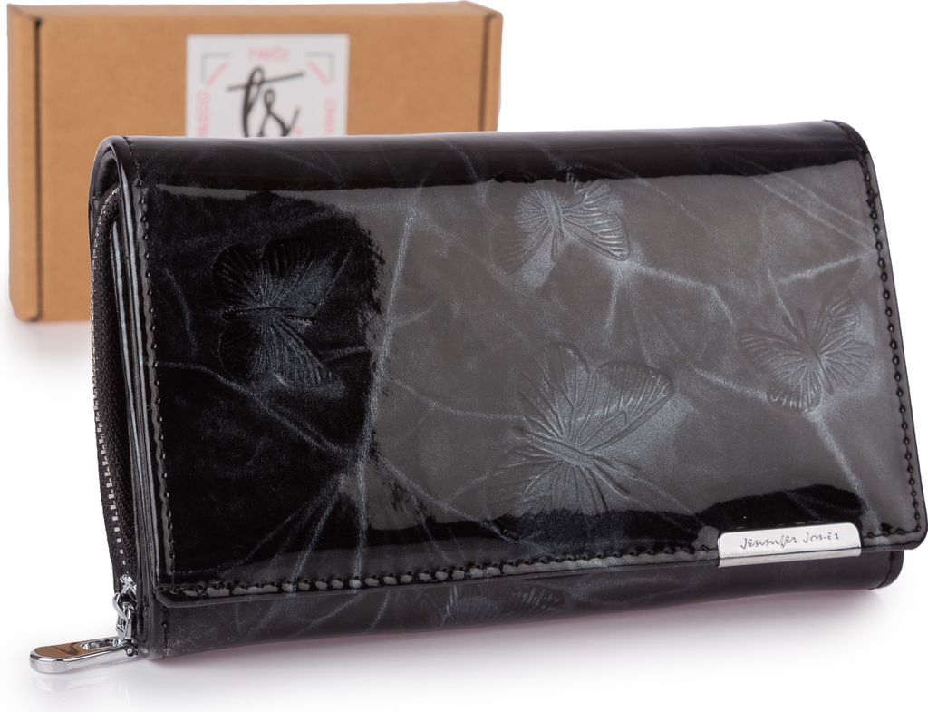 Jennifer Jones Damen-Portemonnaie, echtes Leder, Schmetterlingsprägung, RFID-Schutz Geschenkbox, Schwarz