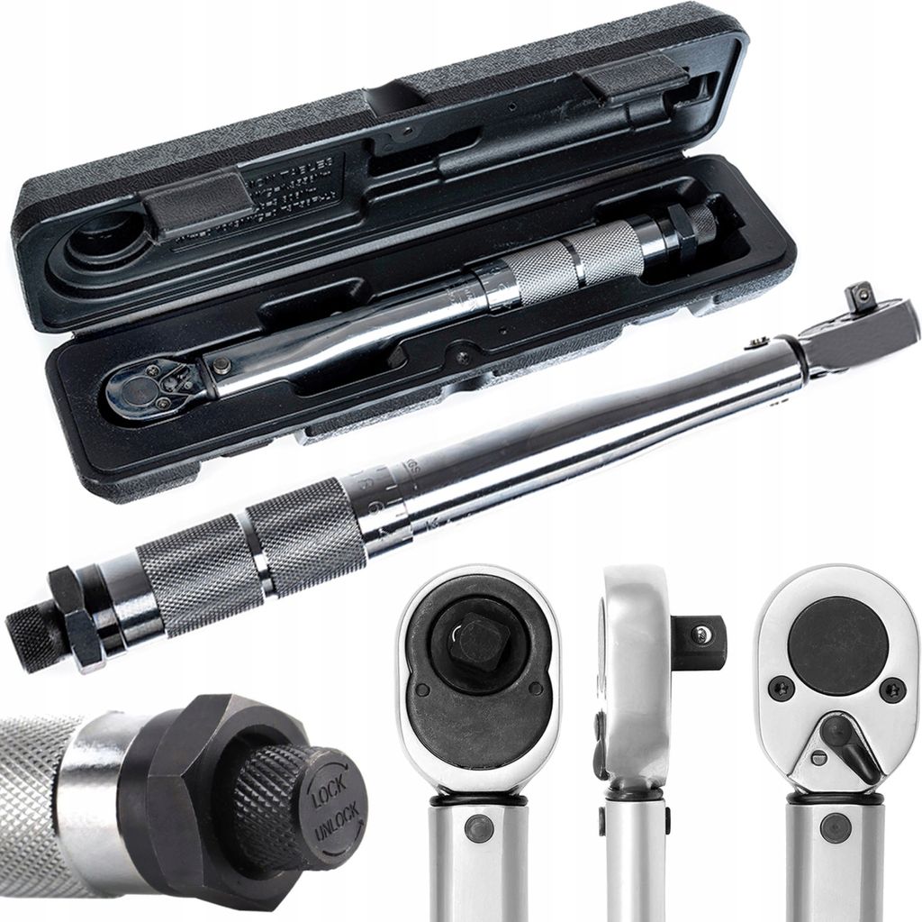 Multiple views of a torque wrench and its case are shown against a white background.