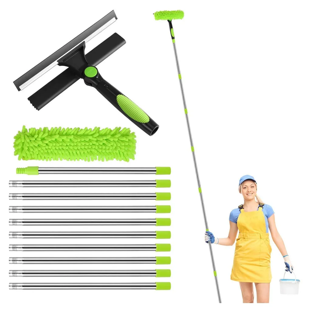 Kit Lavavetri Telescopico 4m | Raschietto 2in1 e Panno Microfibra Verde