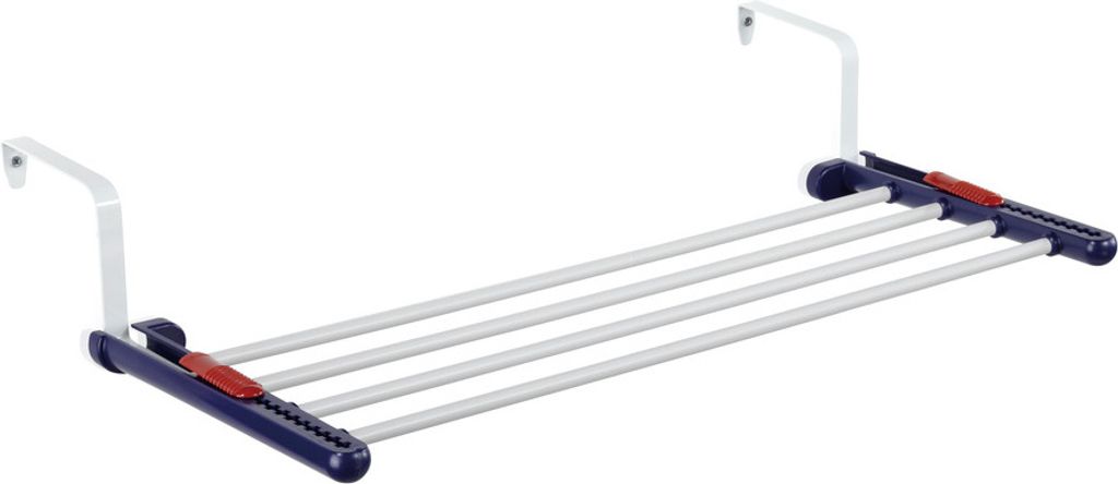 A white drying rack with blue and red accents, designed to hang over a door or railing.