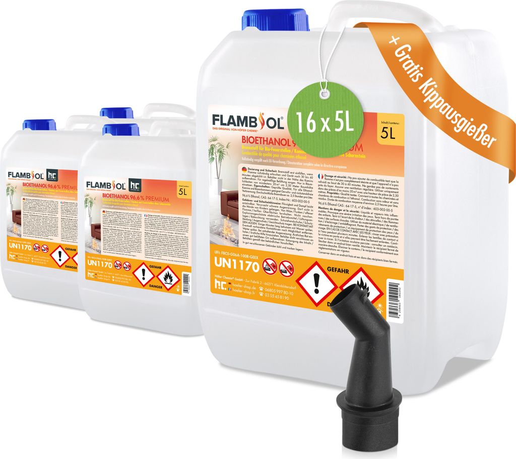 16x 5L FLAMBIOL Bioethanol 96,6% Premium für Kamine & Ethanol-Brenner