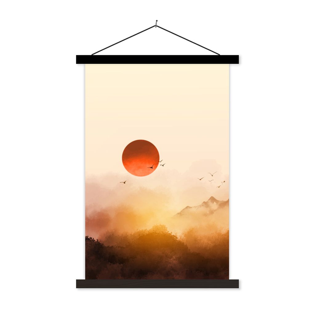 MuchoWow Textilposter Malerei - Sonne - Landschaft - Vögel 120x180 cm mit schwarzem Rahmen - Fotos