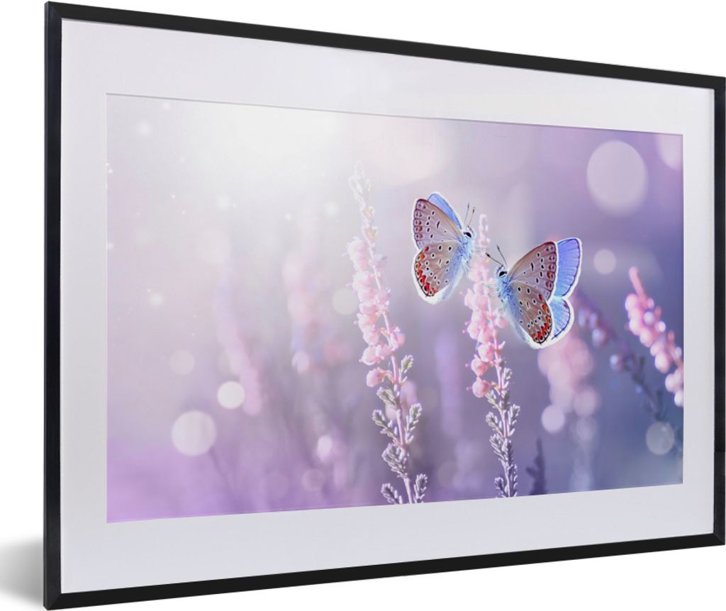 MuchoWow Gerahmtes Poster Schmetterling - Lavendel - Blumen - Lila 60x40 cm - Poster mit Schwarzem Bilderrahmen Wandposter Rahmen Foto Bilder - S...