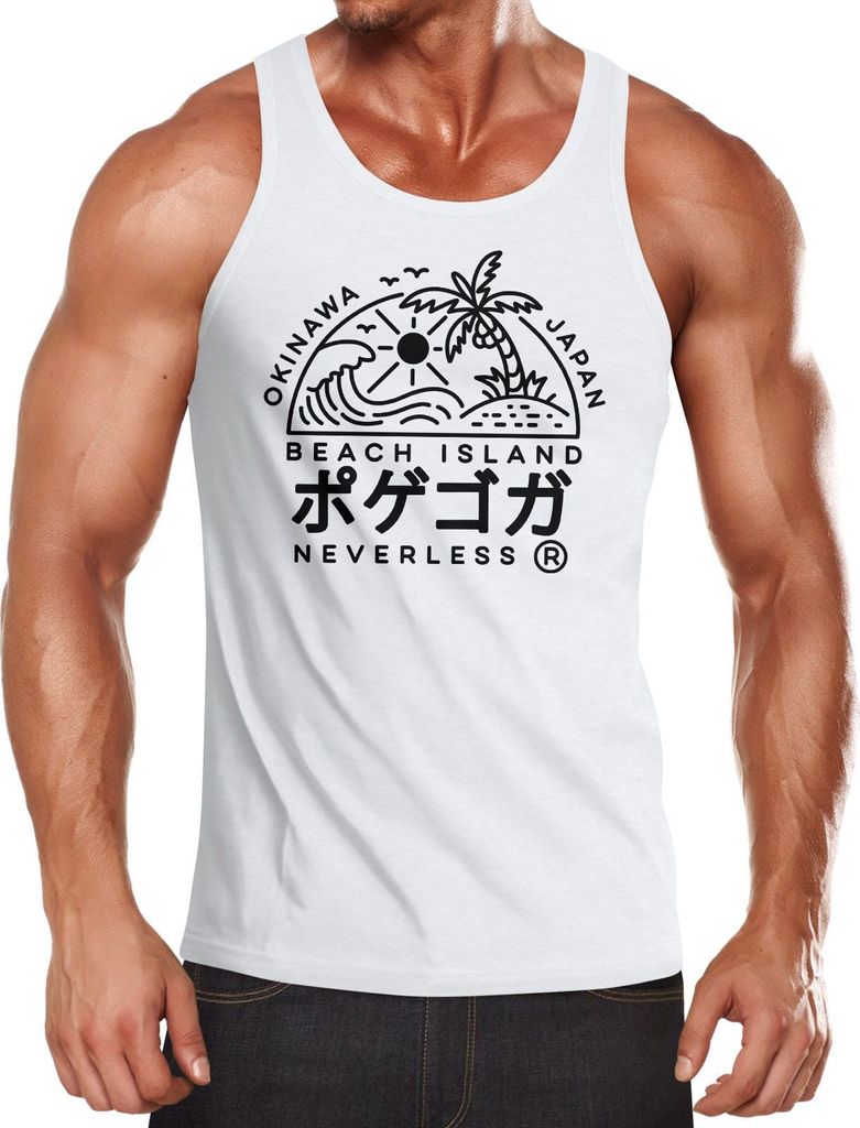 Herren Tank-Top Japan Okinawa Beach Island japanische Schriftzeichen Muskelshirt Muscle Shirt Neverless weiß S
