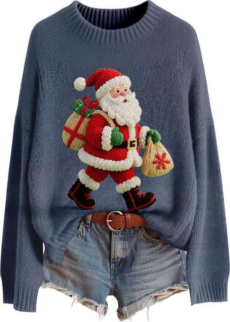 ASKSA Damen Weihnachtspullover,Strickpullover Rundhals Pulli Sweater Herbst Winter Warm Strickpulli Weihnachtspulli (B-Blau,XXL)