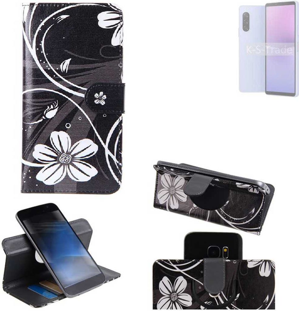 K-S-Trade Schutzhülle Handyhülle kompatibel mit Sony Xperia 10 V Hülle 360° Wallet Case “Flowers“ Klapphülle Hülle schwarz-weiß 1x